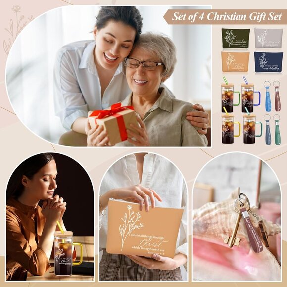 Christian Gift Set Women Glass Cups Makeup Bag Keychains Inspirational - Picture 6 of 7